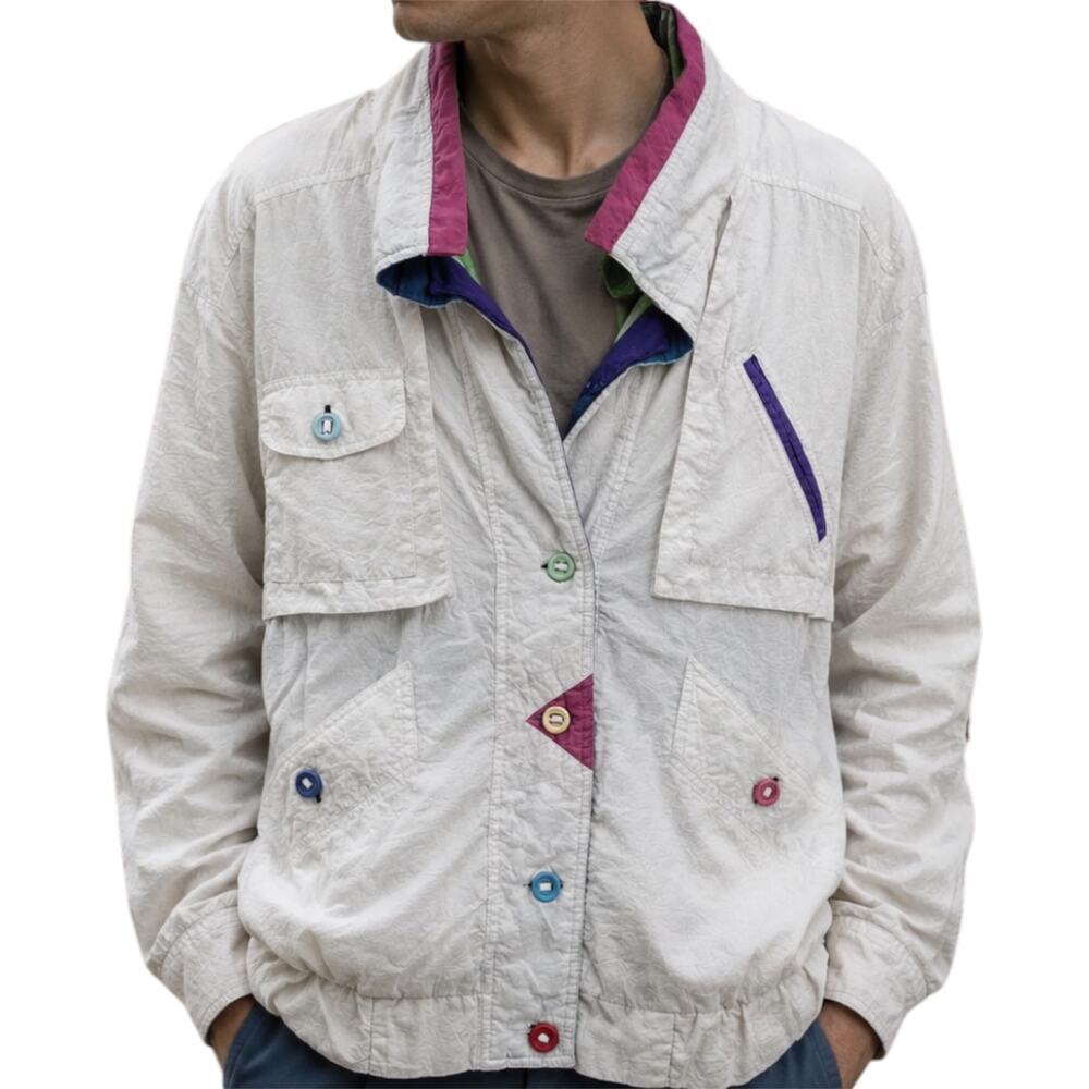 Vintage Utility Ski Jacket Windbreaker Colorful Button Up Outdoor Large